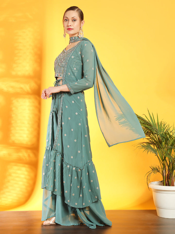 Sea Green Georgette Indo Western Set & Pleated Long Jacket