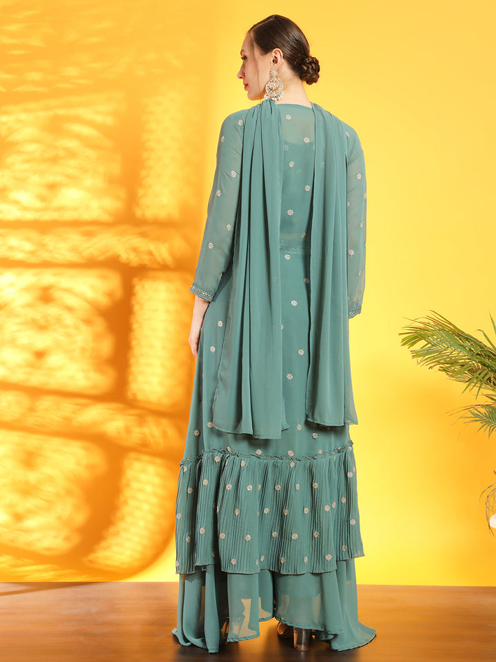 Sea Green Georgette Indo Western Set & Pleated Long Jacket