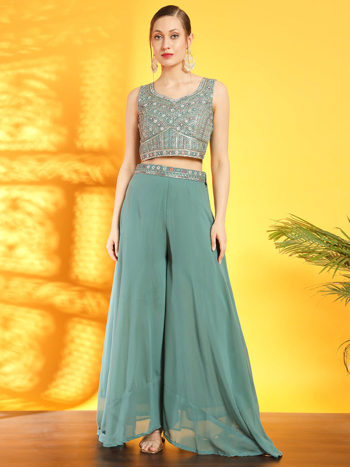 Sea Green Georgette Indo Western Set & Pleated Long Jacket