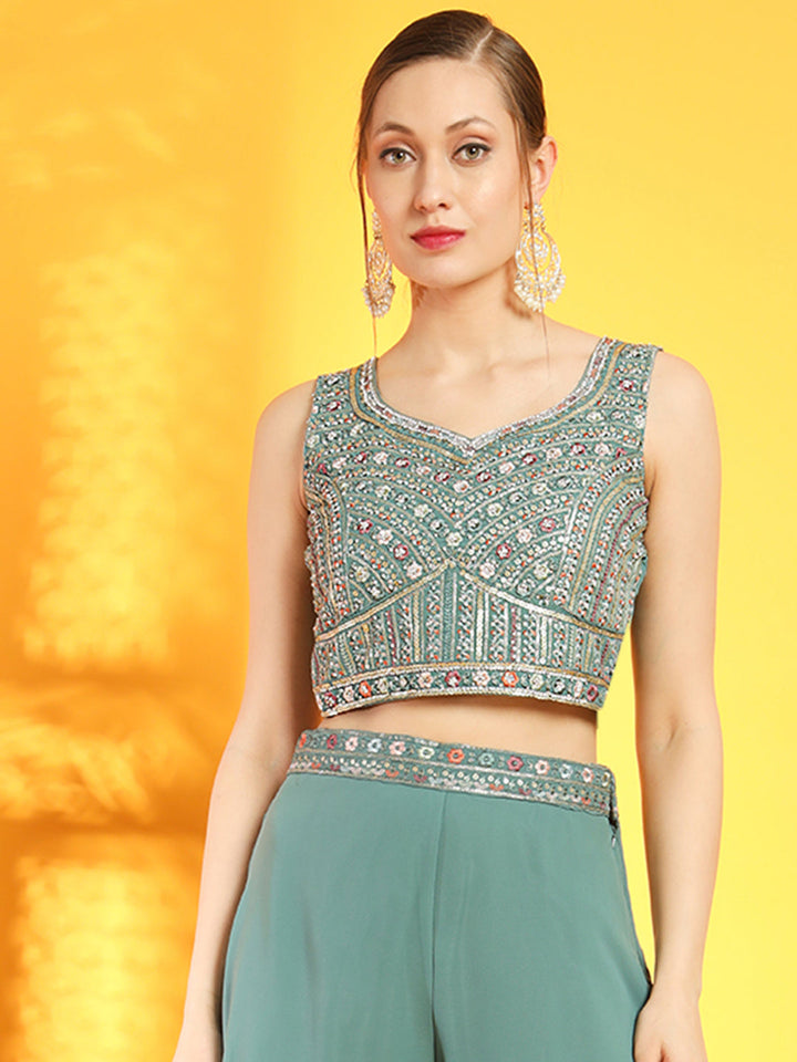 Sea Green Georgette Indo Western Set & Pleated Long Jacket