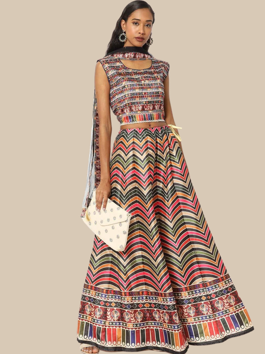 Multi Color Chevron Digital Print Crop Top Lehenga Set & Net Dupatta