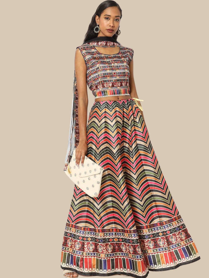 Multi Color Chevron Digital Print Crop Top Lehenga Set & Net Dupatta