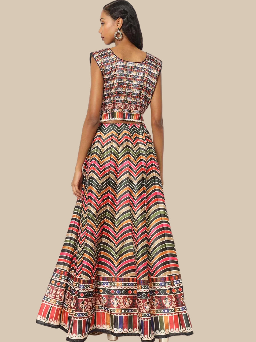 Multi Color Chevron Digital Print Crop Top Lehenga Set & Net Dupatta