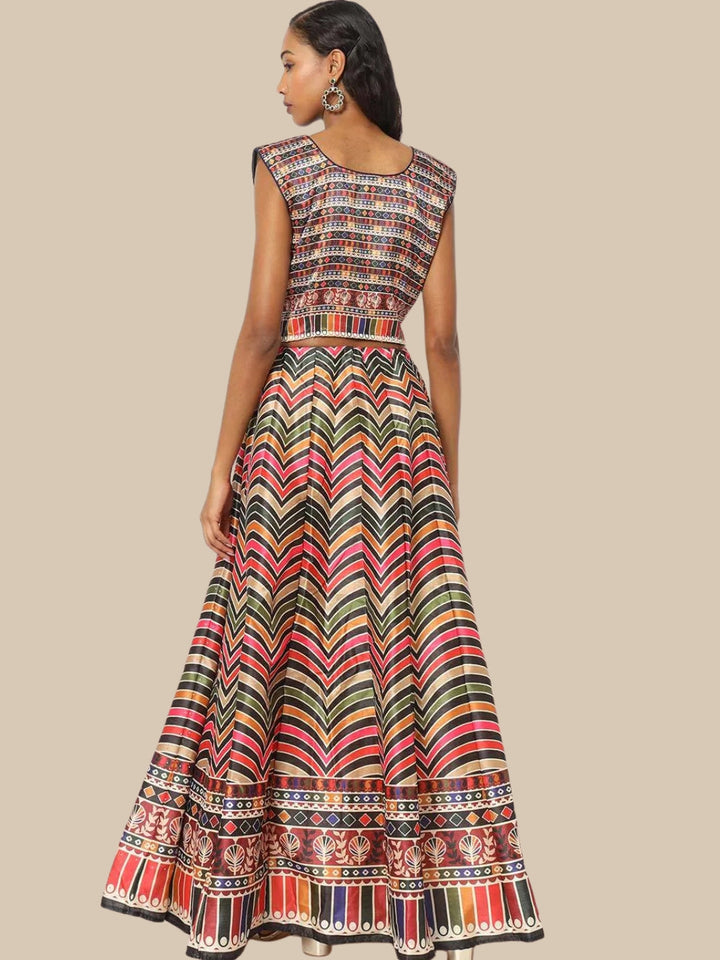 Multi Color Chevron Digital Print Crop Top Lehenga Set & Net Dupatta