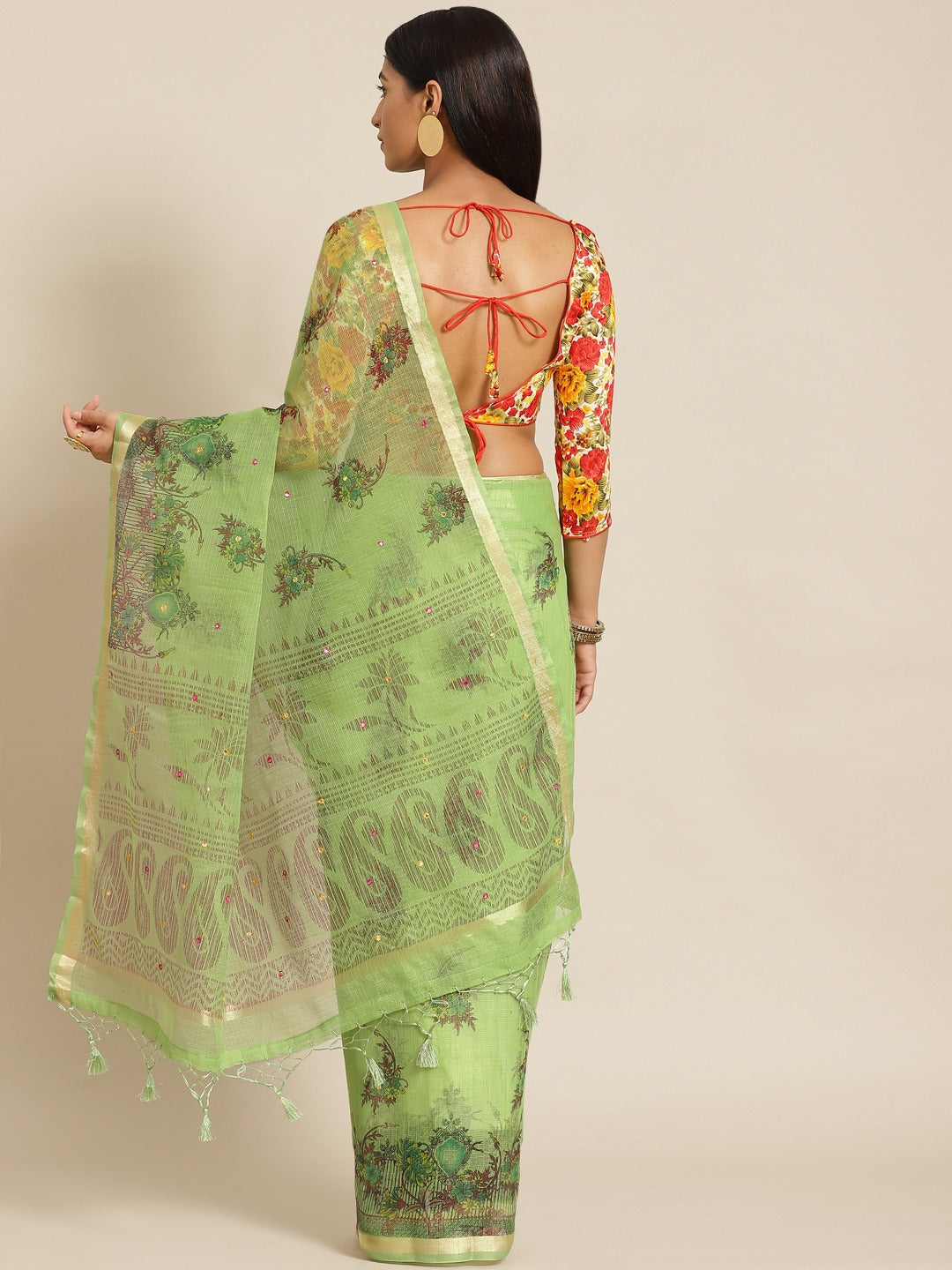 Pastel Green Floral Figital Printed Kota Mirror Work Chanderi Saree