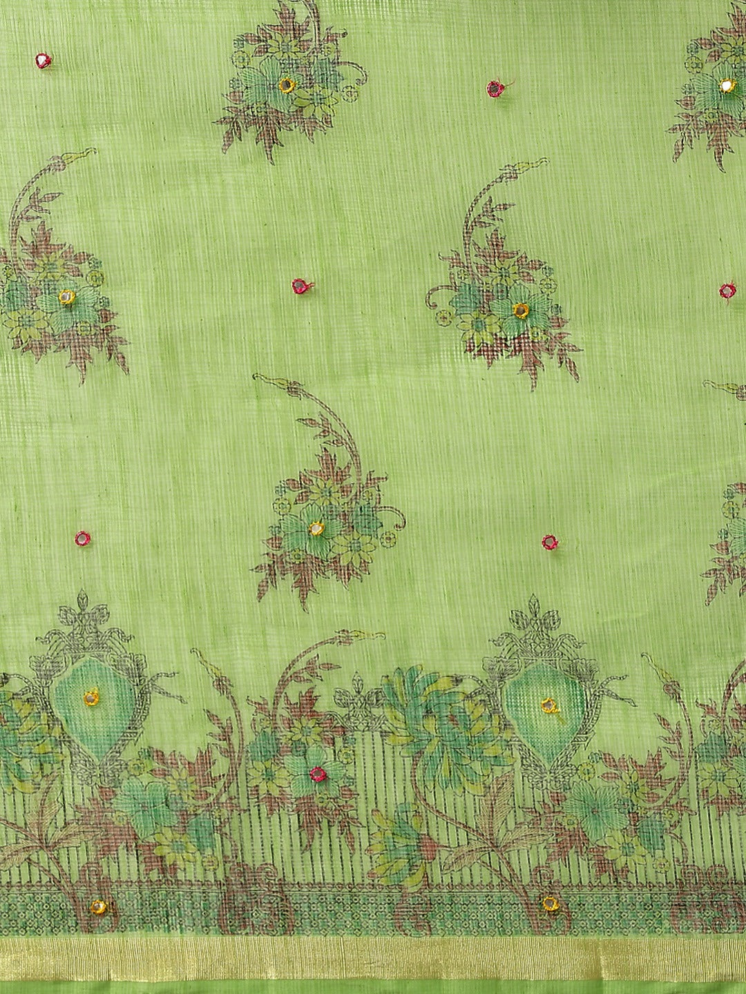 Pastel Green Floral Figital Printed Kota Mirror Work Chanderi Saree
