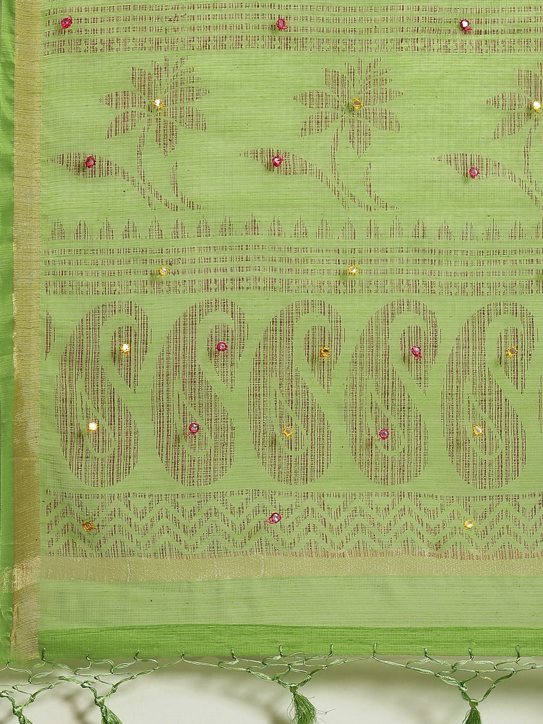 Pastel Green Floral Figital Printed Kota Mirror Work Chanderi Saree
