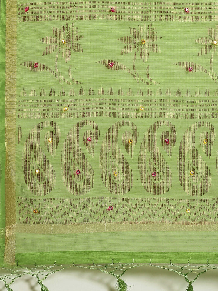 Pastel Green Floral Figital Printed Kota Mirror Work Chanderi Saree