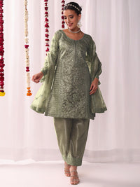 Chhabra 555 Dori Embroidered & Mirror Embellished Organza Kurta Set with Floral All over Pattern 