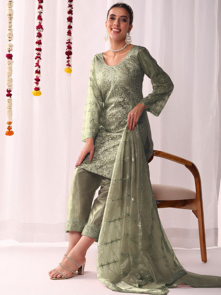 Dori Embroidered & Mirror Embellished Organza Kurta Set with Floral All over Pattern