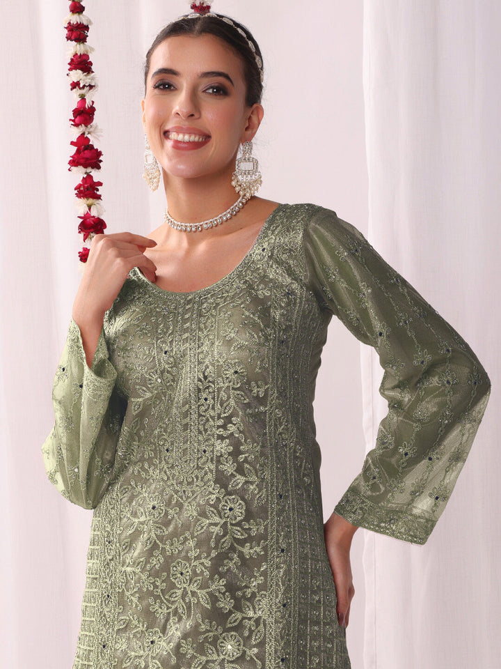 Dori Embroidered & Mirror Embellished Organza Kurta Set with Floral All over Pattern