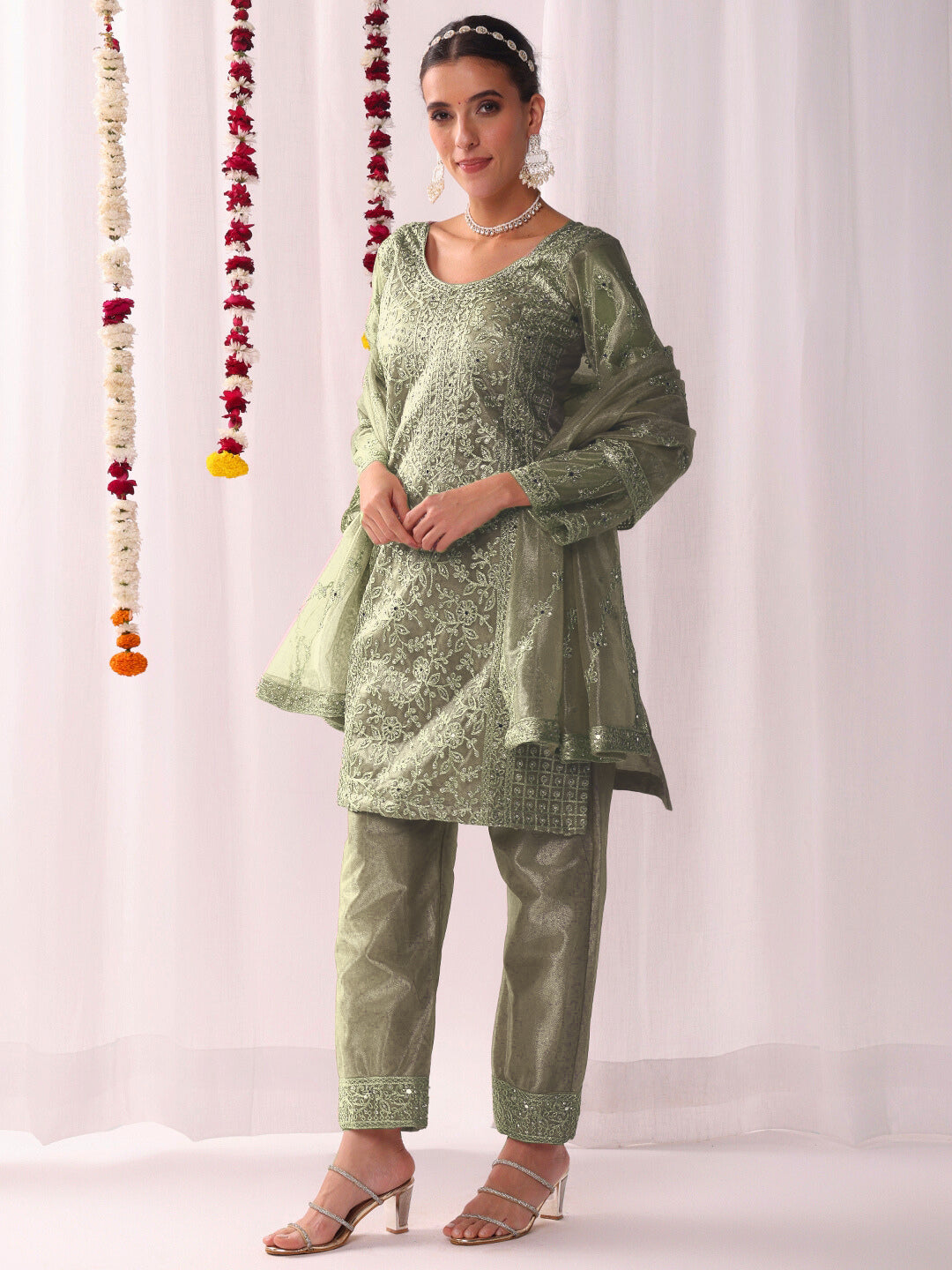 Dori Embroidered & Mirror Embellished Organza Kurta Set with Floral All over Pattern