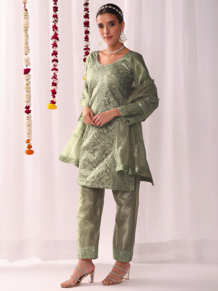 Dori Embroidered & Mirror Embellished Organza Kurta Set with Floral All over Pattern