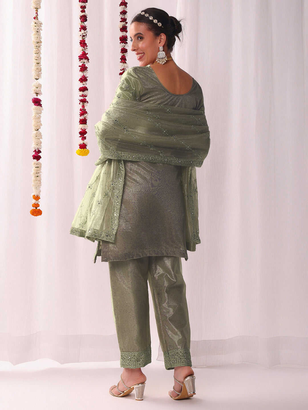 Dori Embroidered & Mirror Embellished Organza Kurta Set with Floral All over Pattern