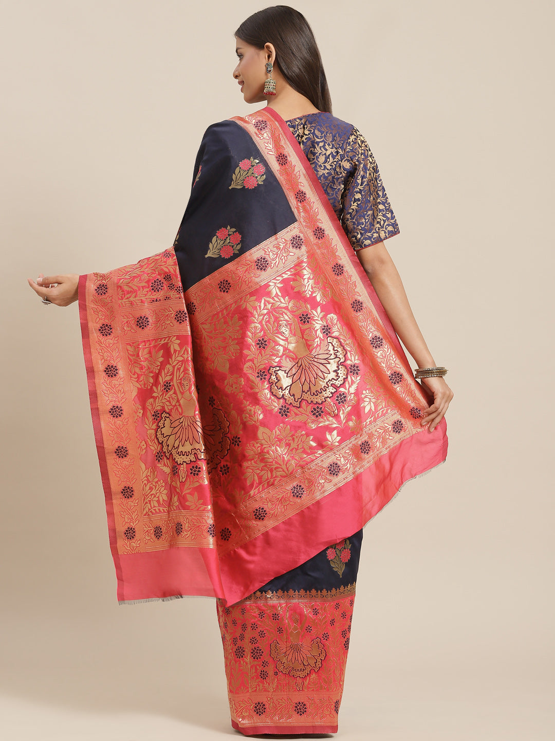 Navy Blue Resham & Gold Zari Woven Silk Traditional Saree