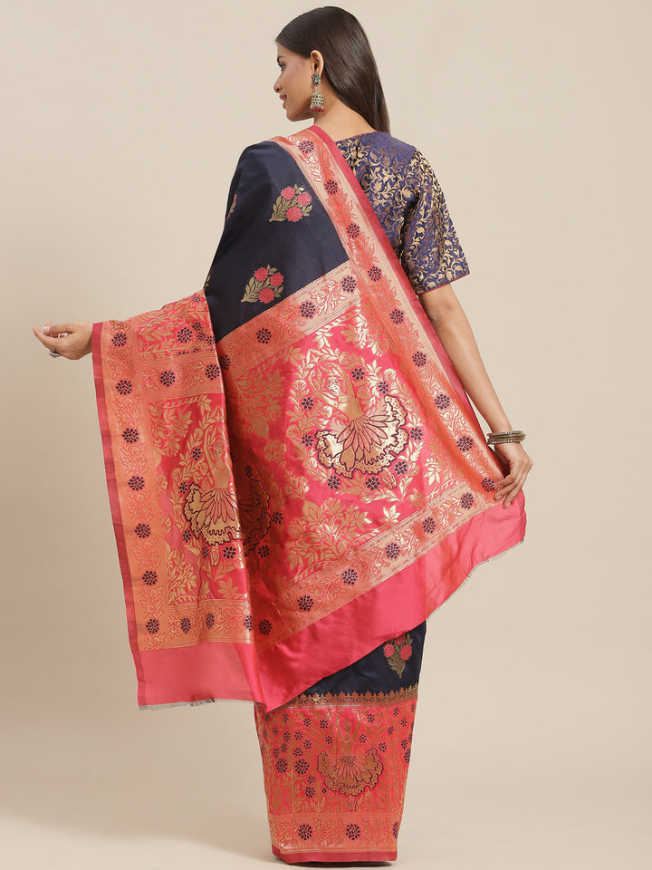 Navy Blue Resham & Gold Zari Woven Silk Traditional Saree