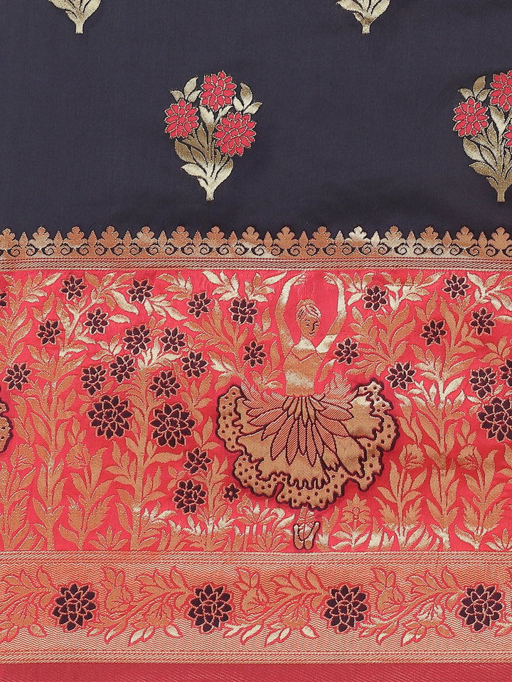 Navy Blue Resham & Gold Zari Woven Silk Traditional Saree