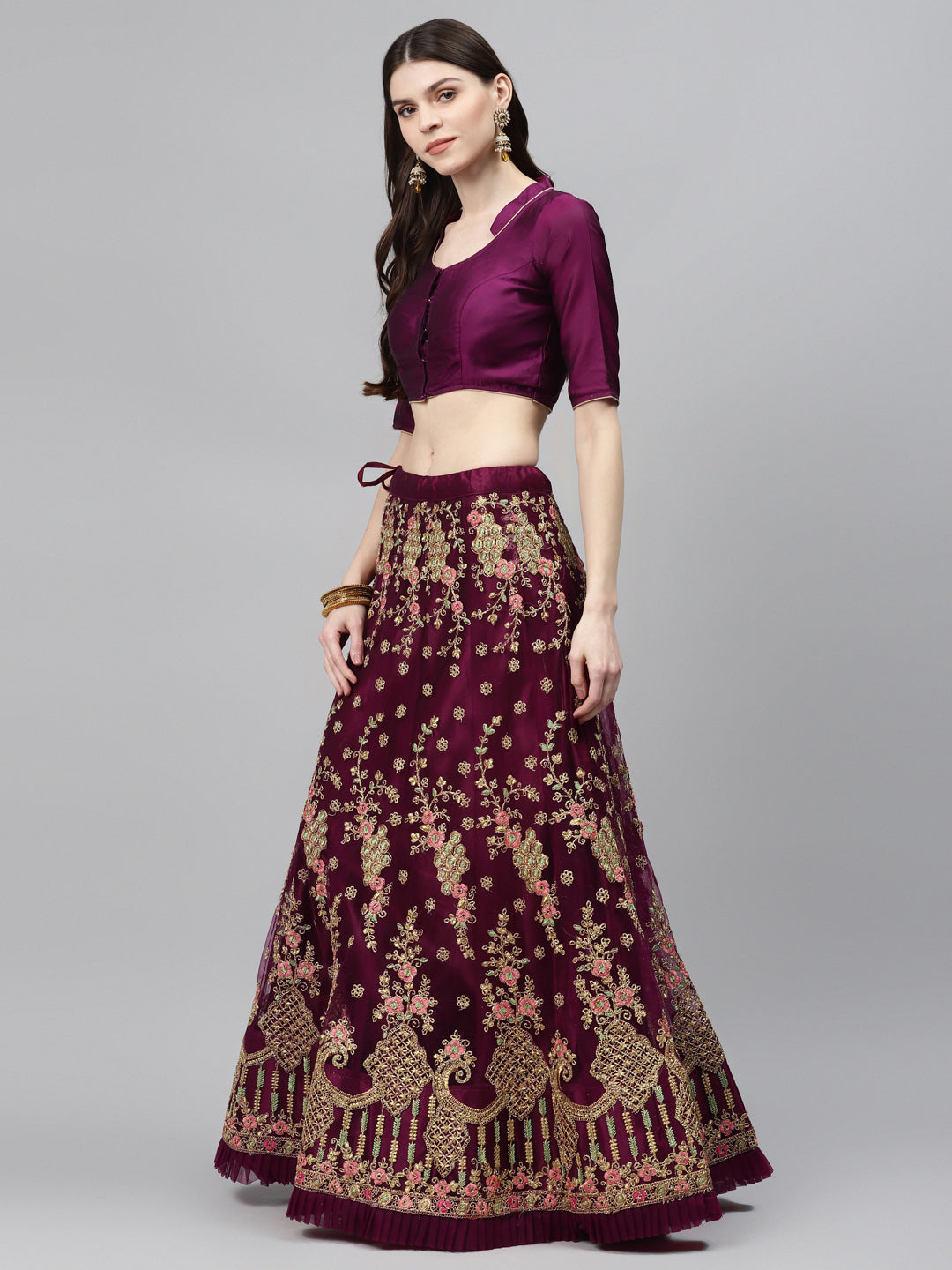 Net Semi-stitched Lehenga Set with Floral  Metallic & Resham Embroidery & Frill Hemline