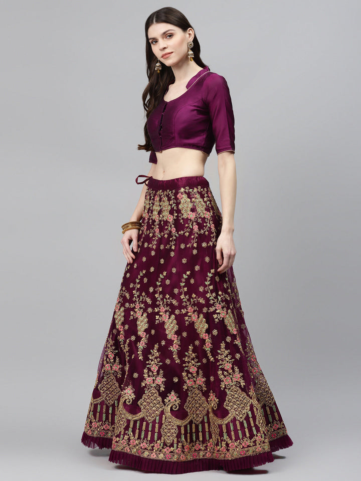 Net Semi-stitched Lehenga Set with Floral  Metallic & Resham Embroidery & Frill Hemline