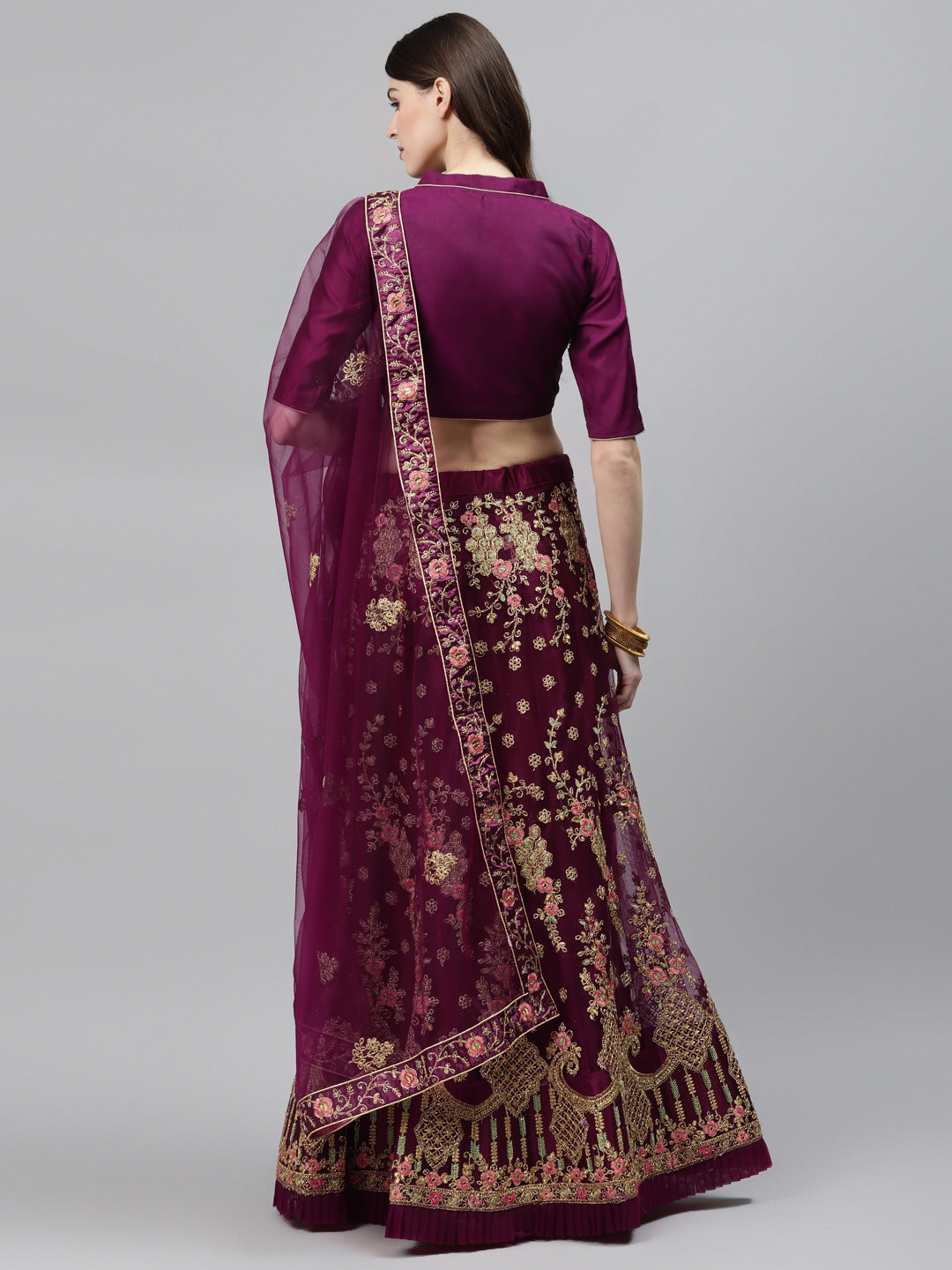 Net Semi-stitched Lehenga Set with Floral  Metallic & Resham Embroidery & Frill Hemline