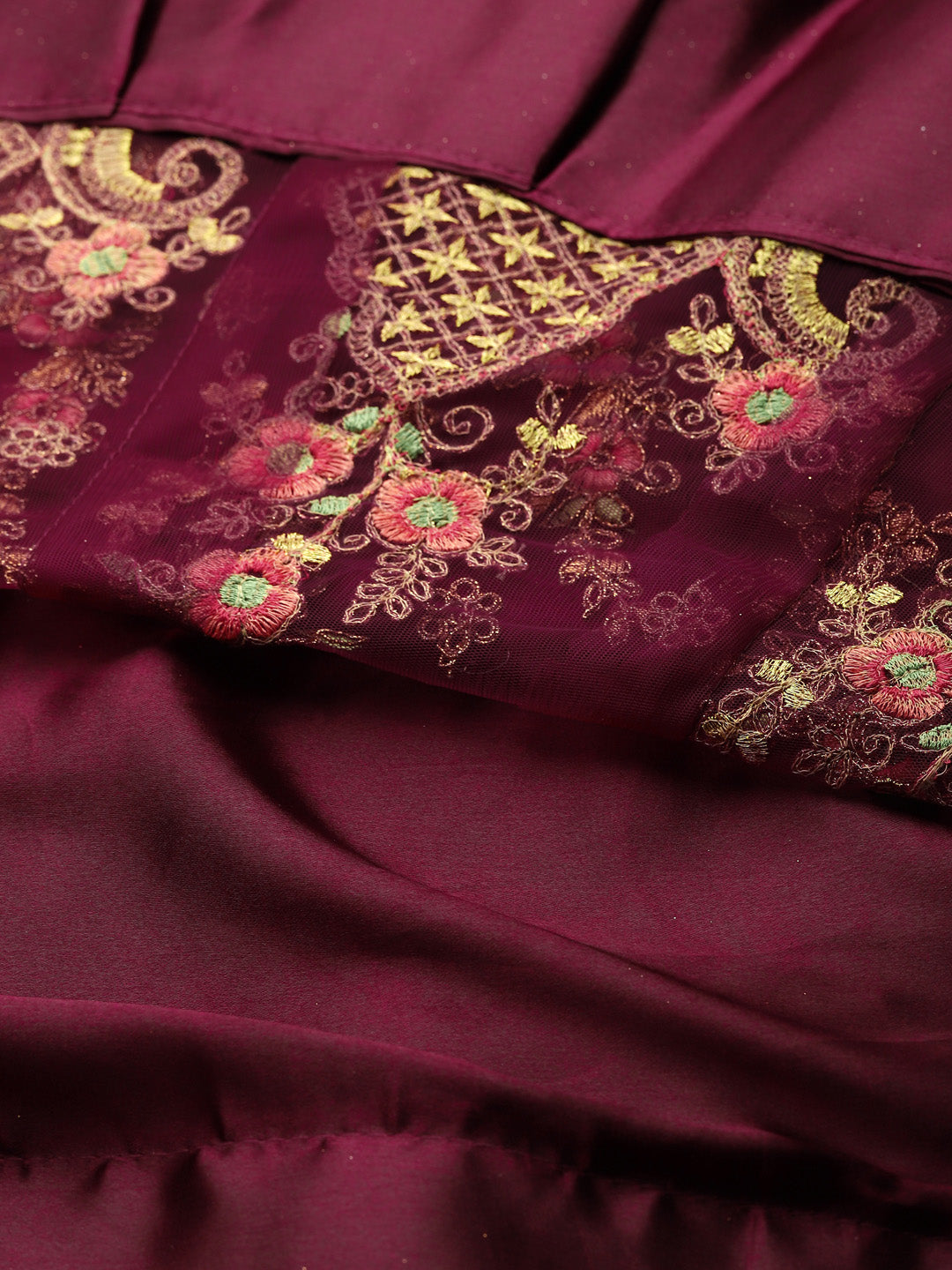 Net Semi-stitched Lehenga Set with Floral  Metallic & Resham Embroidery & Frill Hemline