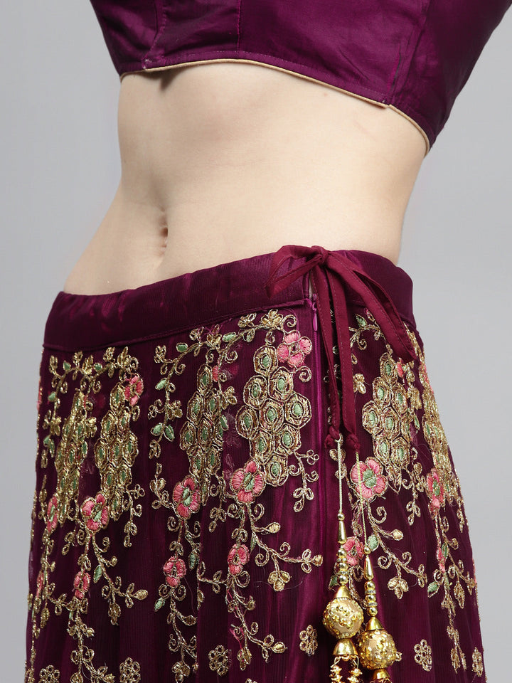 Net Semi-stitched Lehenga Set with Floral  Metallic & Resham Embroidery & Frill Hemline