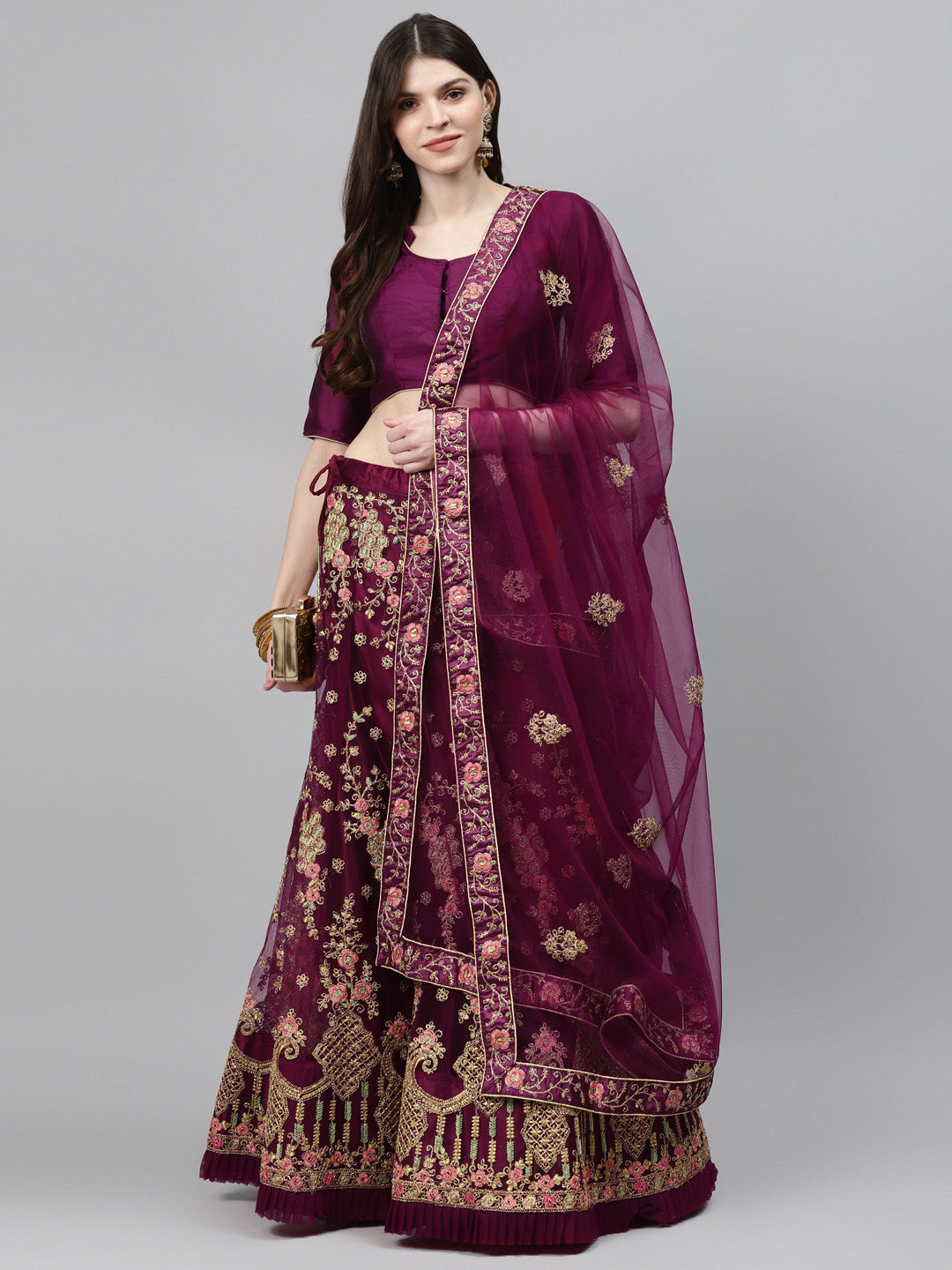 Net Semi-stitched Lehenga Set with Floral  Metallic & Resham Embroidery & Frill Hemline