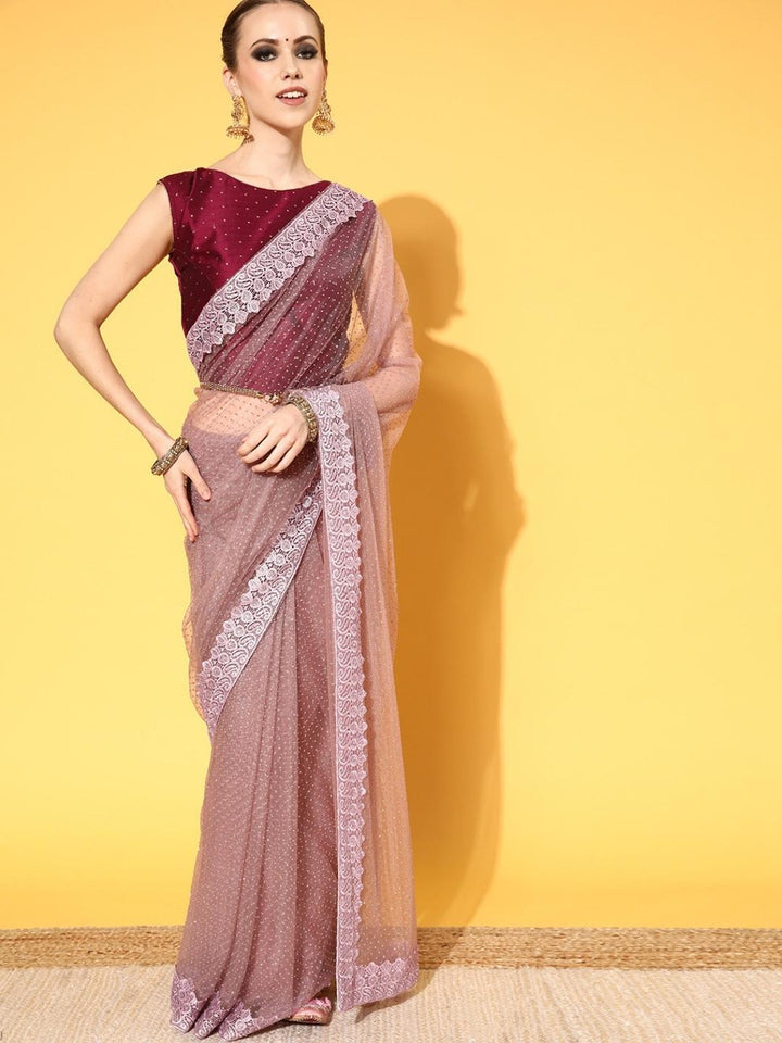 Mauve Bling Glittery Belted Saree with Lace Embellished Border