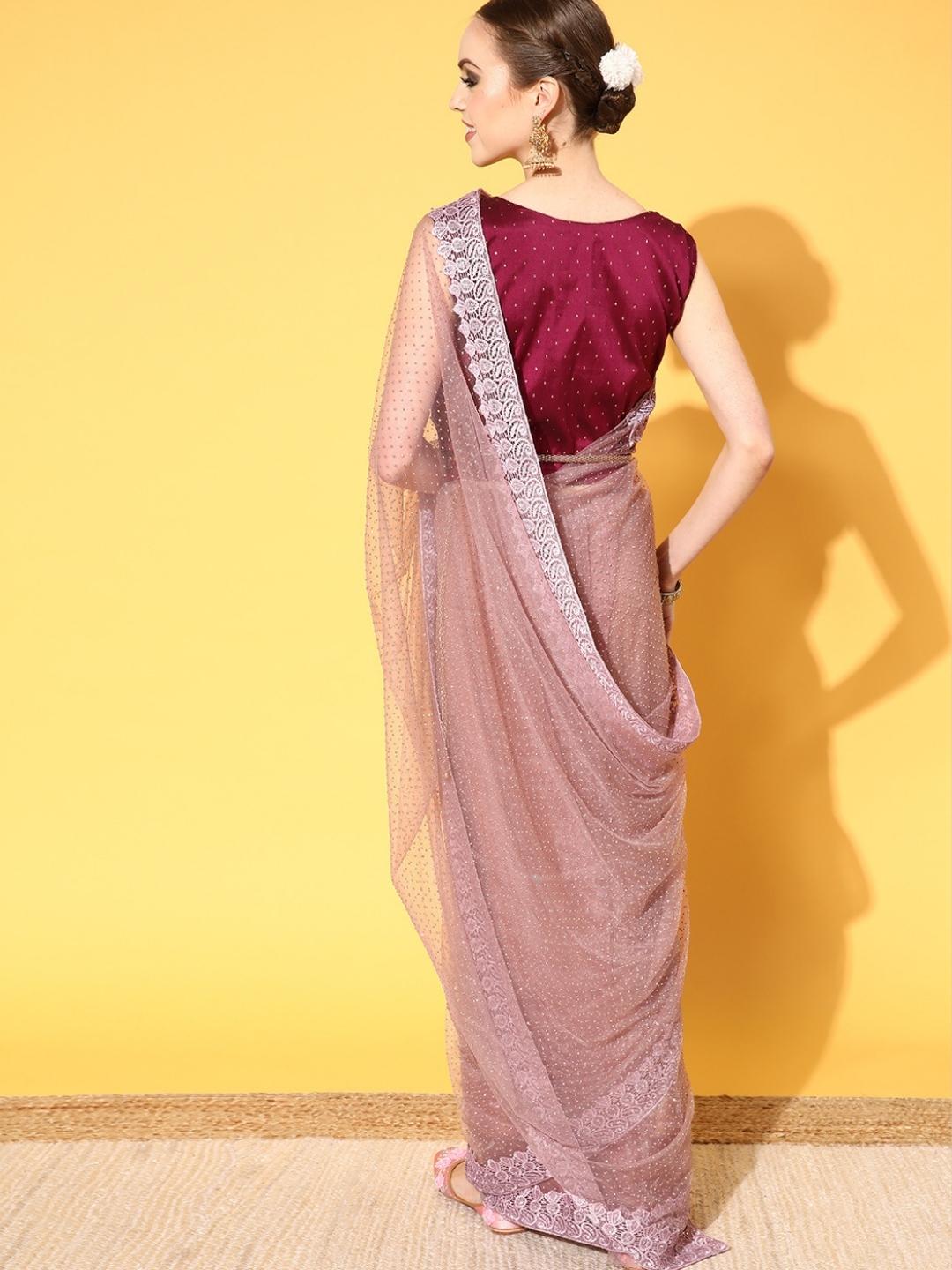 Mauve Bling Glittery Belted Saree with Lace Embellished Border