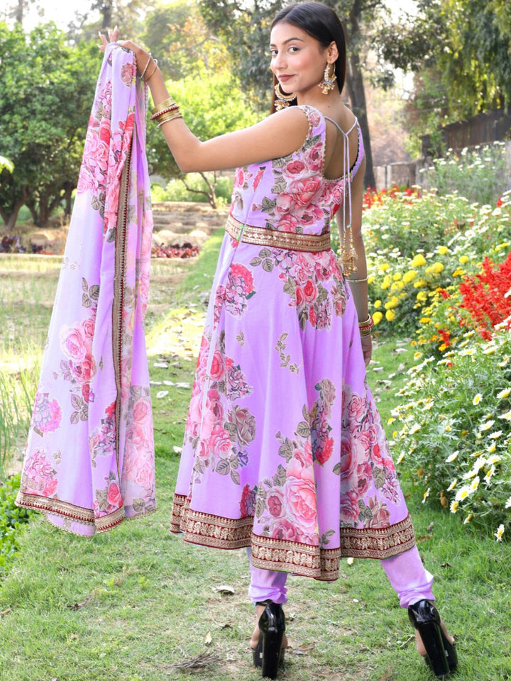 Floral Print Georgette Anarkali Suit Set With Sequin Embroidery