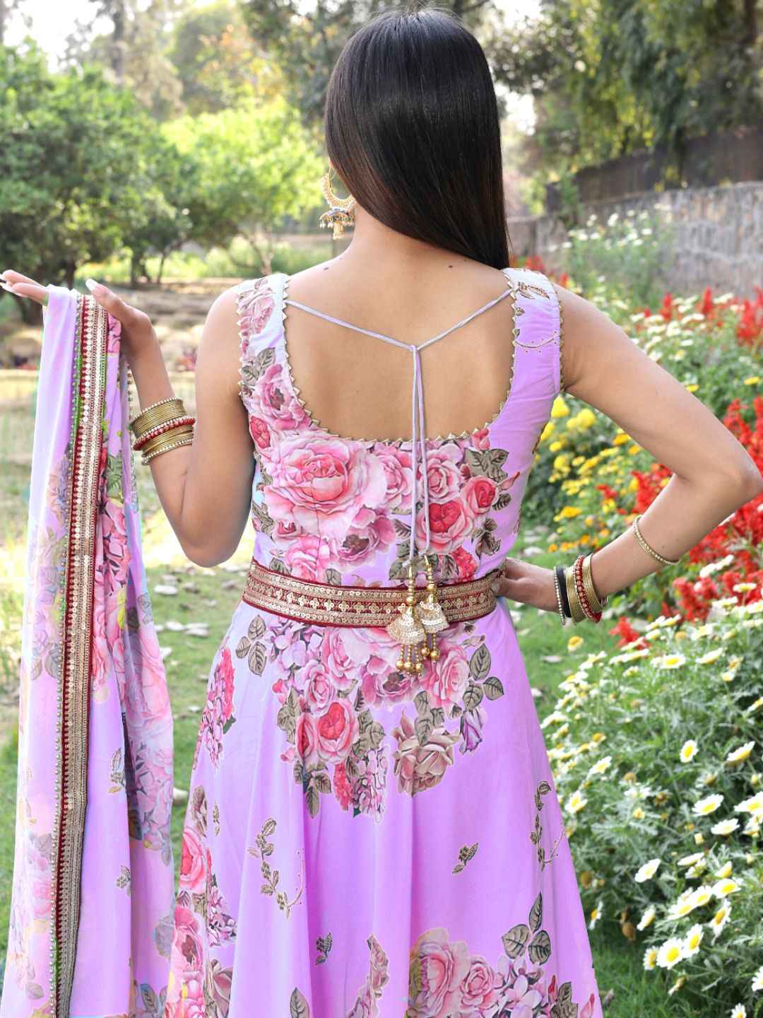 Floral Print Georgette Anarkali Suit Set With Sequin Embroidery