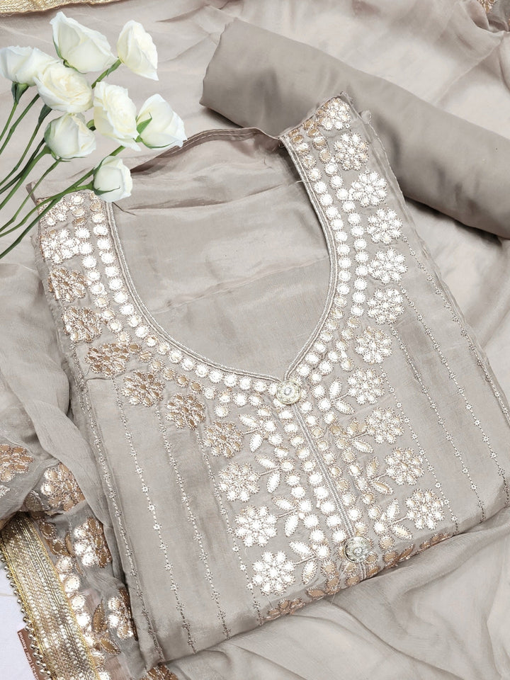 Gota Patti & Resham Embroidery Semi-stitched Punjabi Suit with Striped Sequinned Pattern