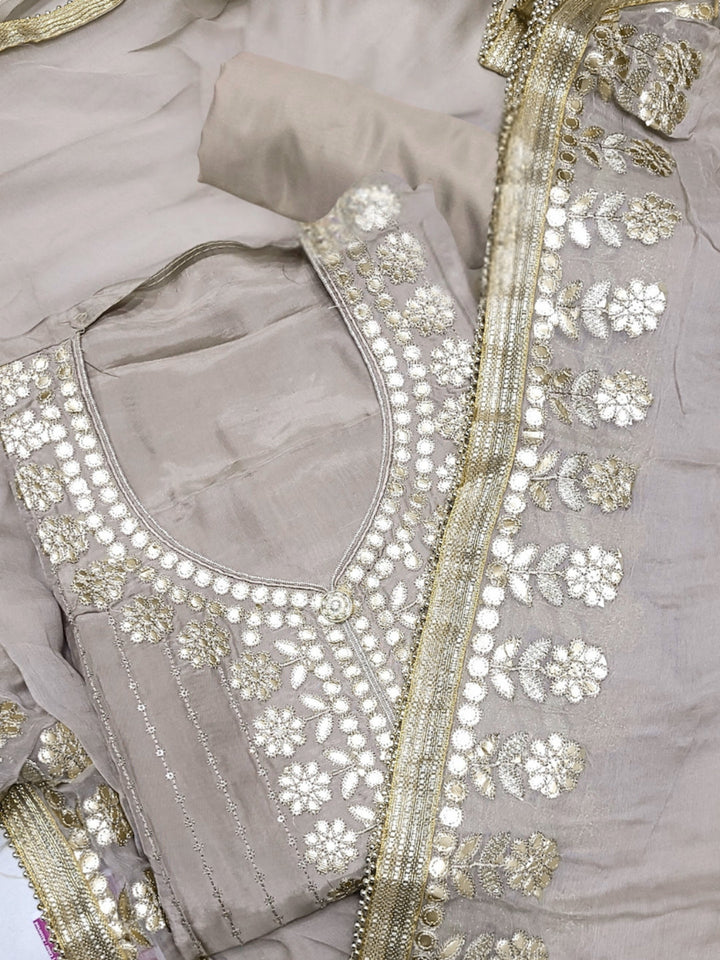 Gota Patti & Resham Embroidery Semi-stitched Punjabi Suit with Striped Sequinned Pattern