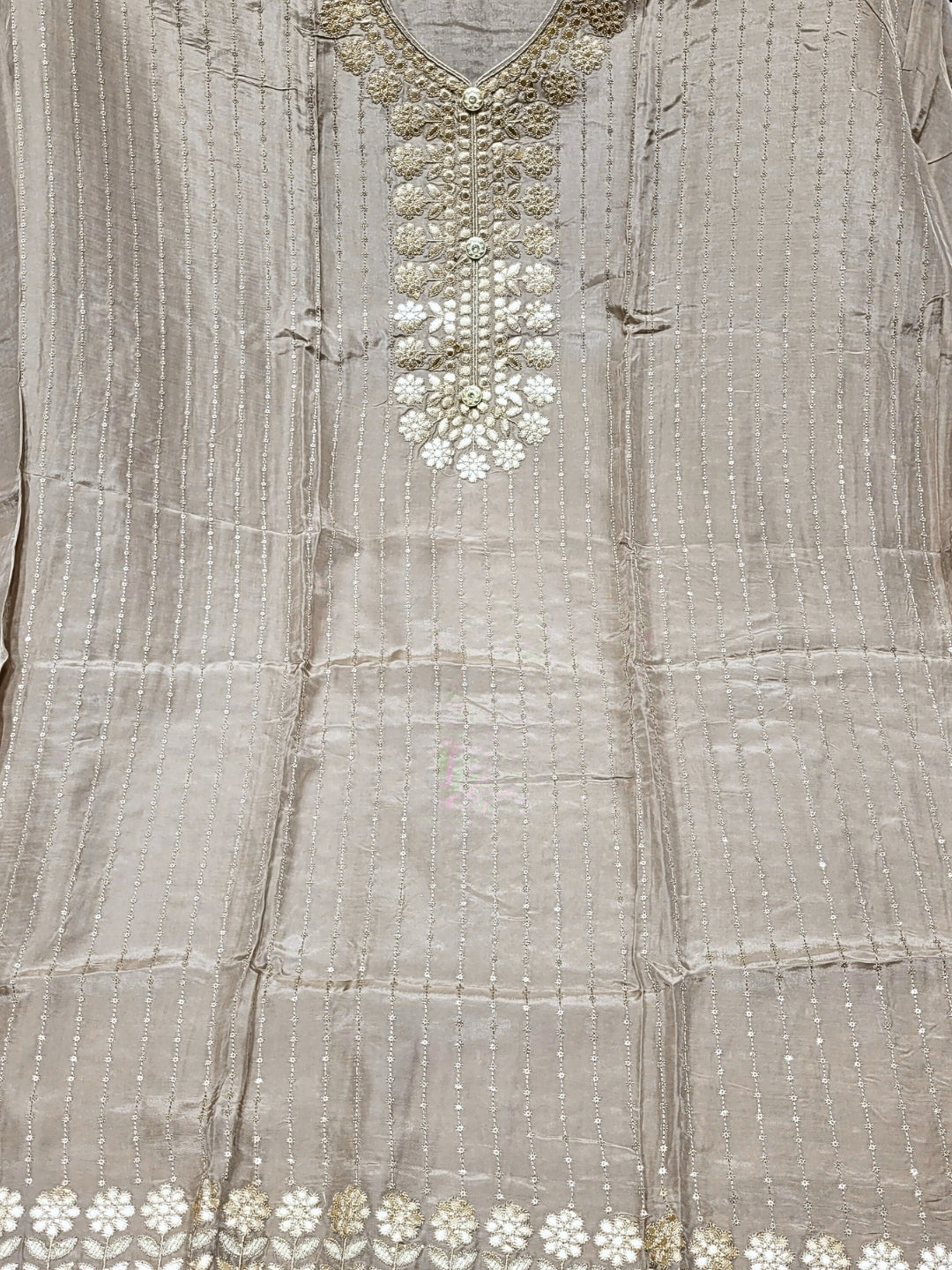 Gota Patti & Resham Embroidery Semi-stitched Punjabi Suit with Striped Sequinned Pattern
