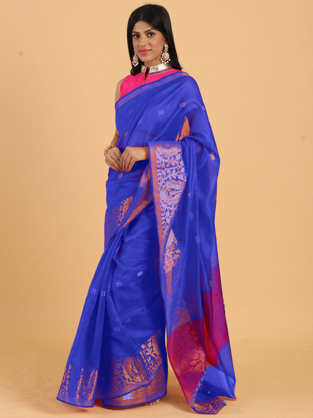 Blue Chanderi Silk Saree with Golden Zari Woven Motifs in Border