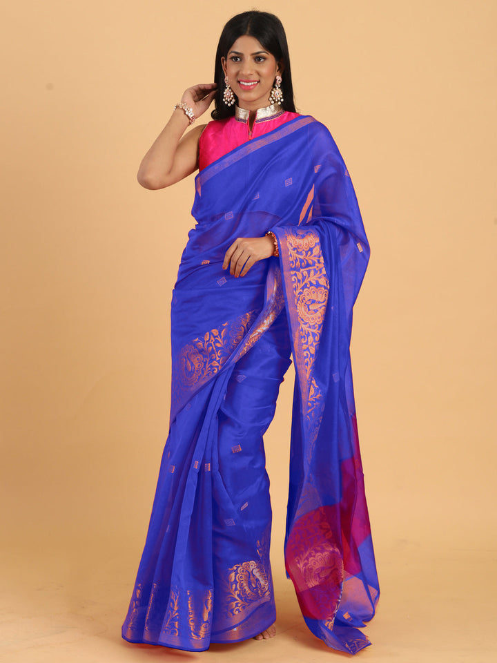 Blue Chanderi Silk Saree with Golden Zari Woven Motifs in Border