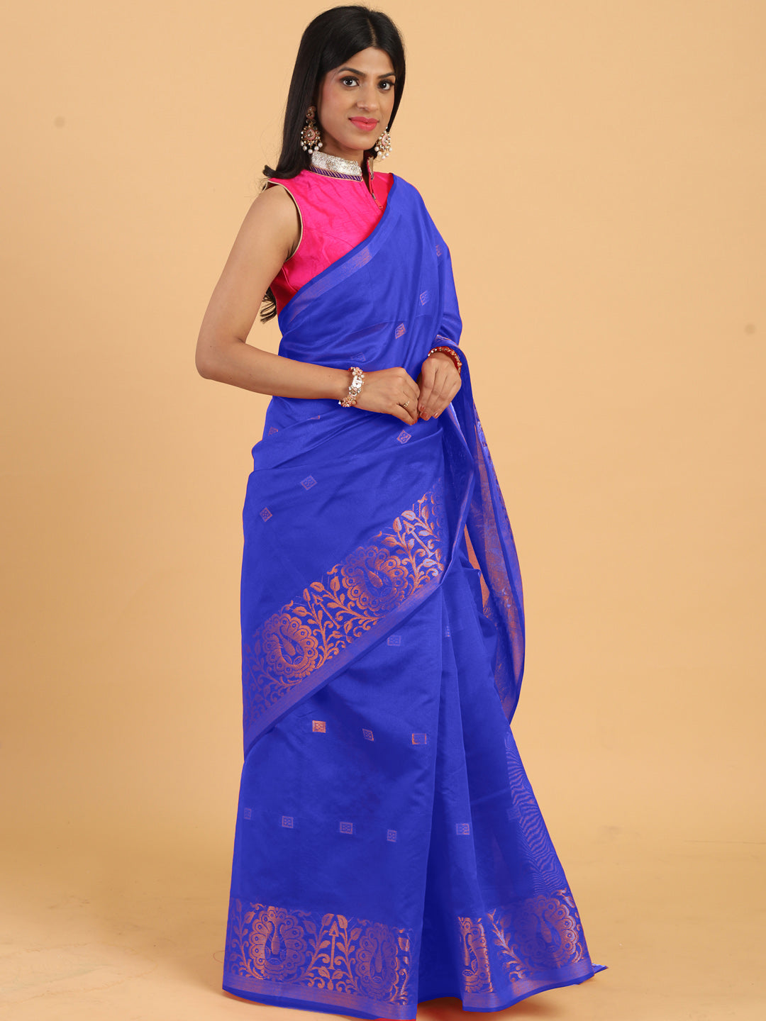 Blue Chanderi Silk Saree with Golden Zari Woven Motifs in Border