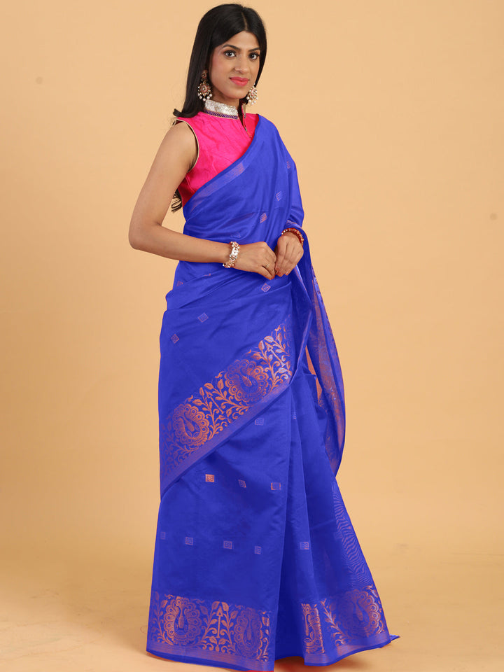 Blue Chanderi Silk Saree with Golden Zari Woven Motifs in Border