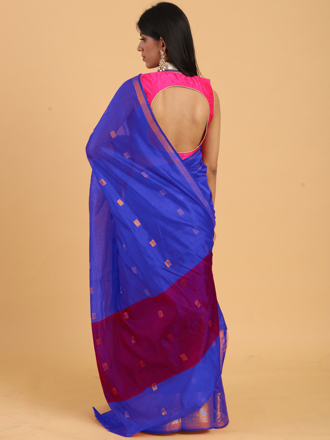 Blue Chanderi Silk Saree with Golden Zari Woven Motifs in Border