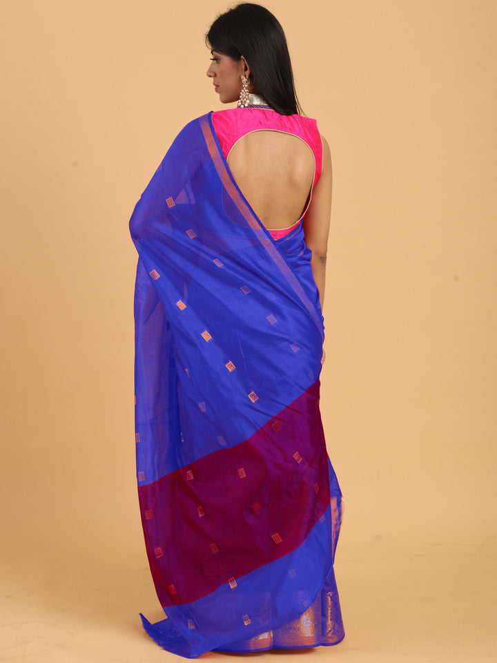 Blue Chanderi Silk Saree with Golden Zari Woven Motifs in Border