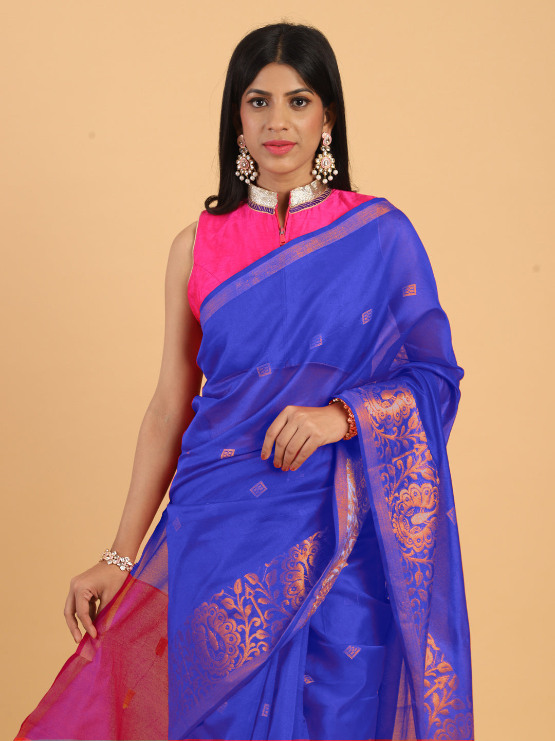 Blue Chanderi Silk Saree with Golden Zari Woven Motifs in Border