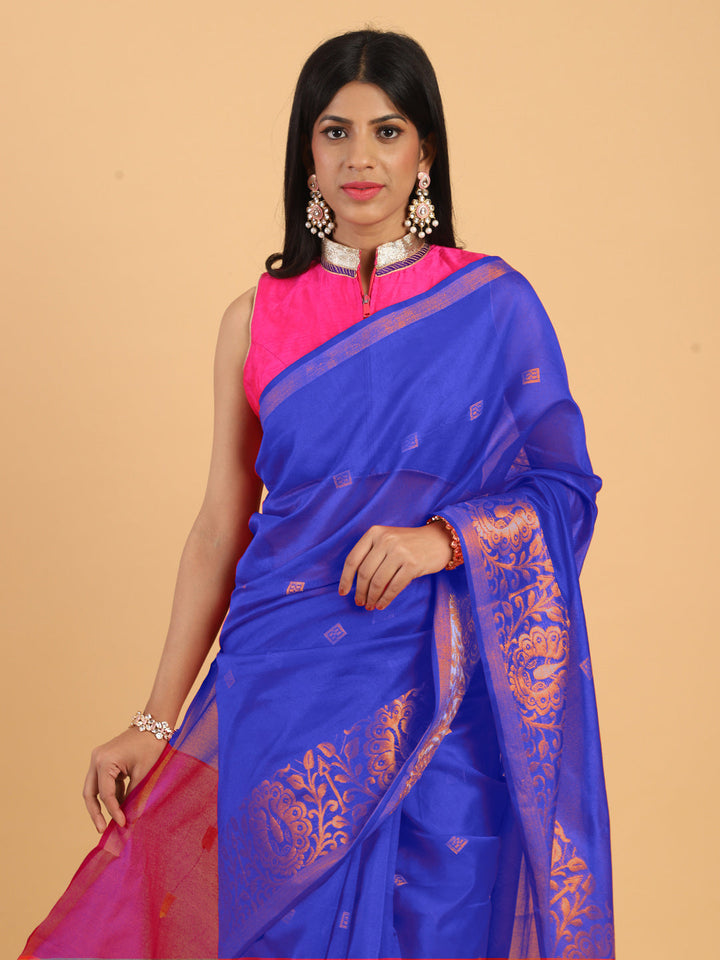 Blue Chanderi Silk Saree with Golden Zari Woven Motifs in Border