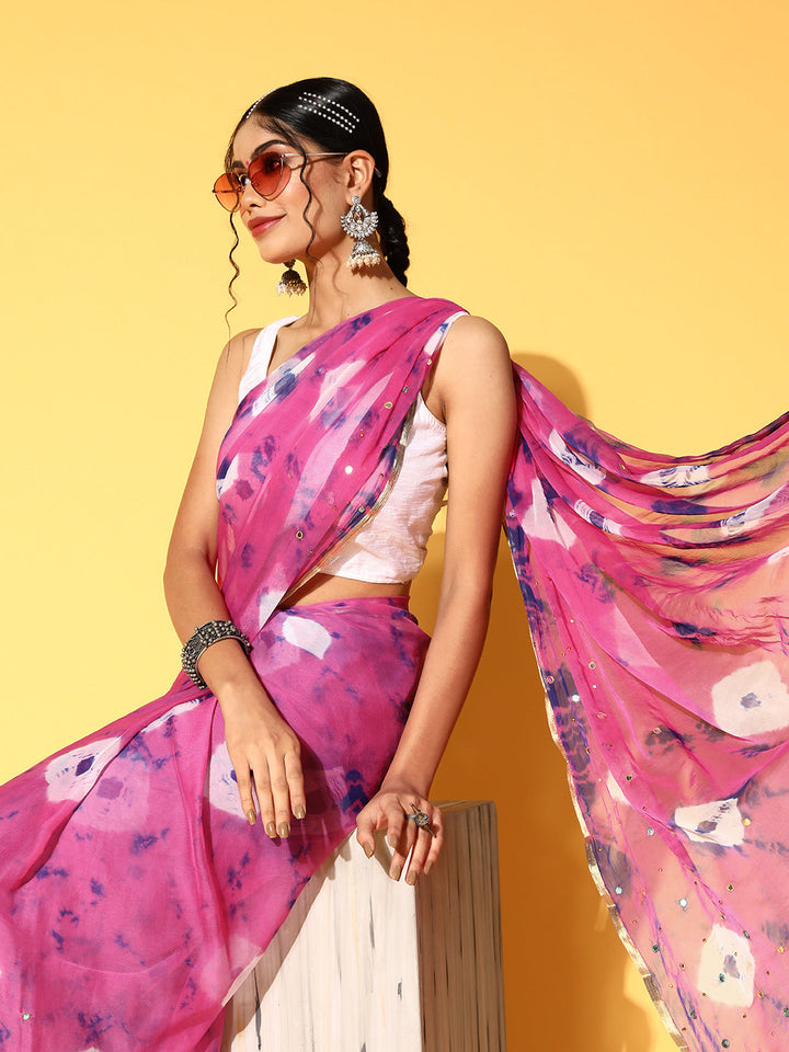 Magenta Bandhani Tie & Dye Chiffon Printed Saree with Mirror Work