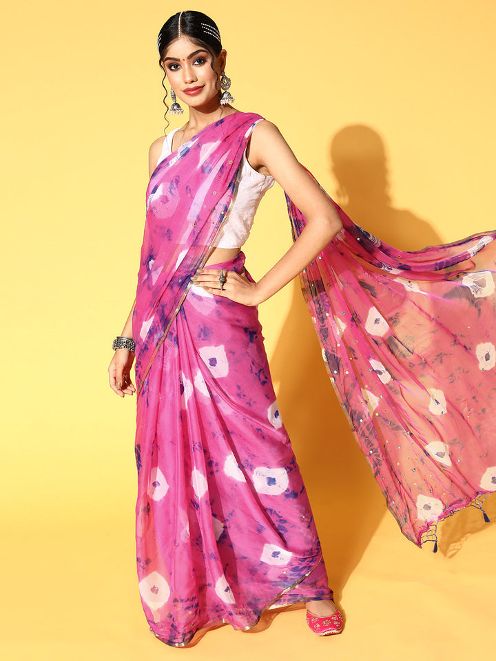 Magenta Bandhani Tie & Dye Chiffon Printed Saree with Mirror Work