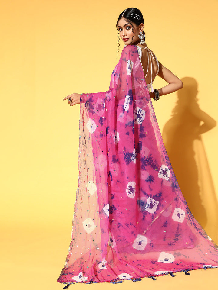 Magenta Bandhani Tie & Dye Chiffon Printed Saree with Mirror Work