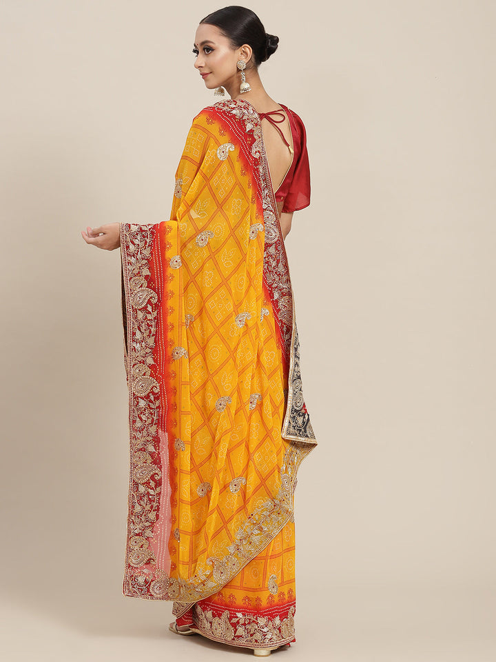 Bandhej Chiffon Saree with Zari Embroidered & Crystal Embellishments