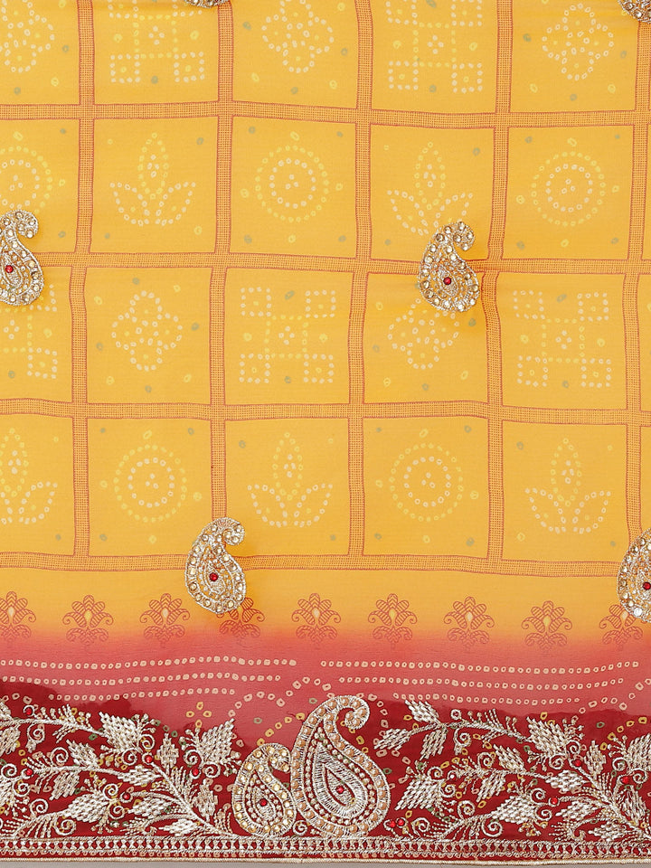 Bandhej Chiffon Saree with Zari Embroidered & Crystal Embellishments