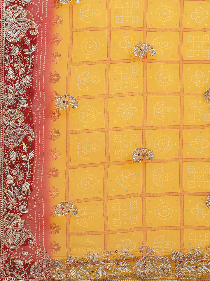 Bandhej Chiffon Saree with Zari Embroidered & Crystal Embellishments