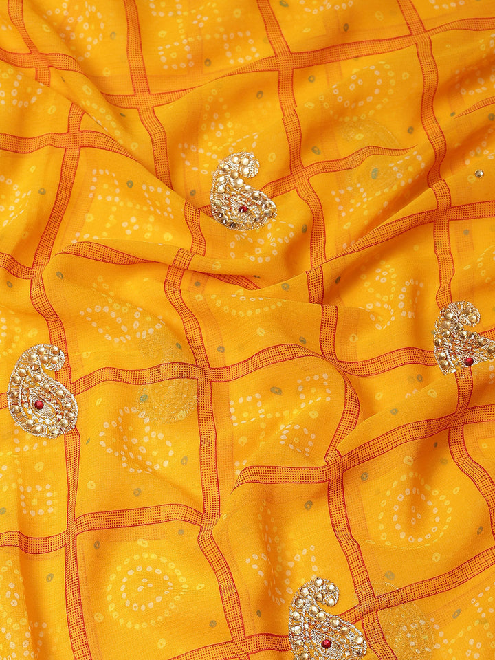 Bandhej Chiffon Saree with Zari Embroidered & Crystal Embellishments
