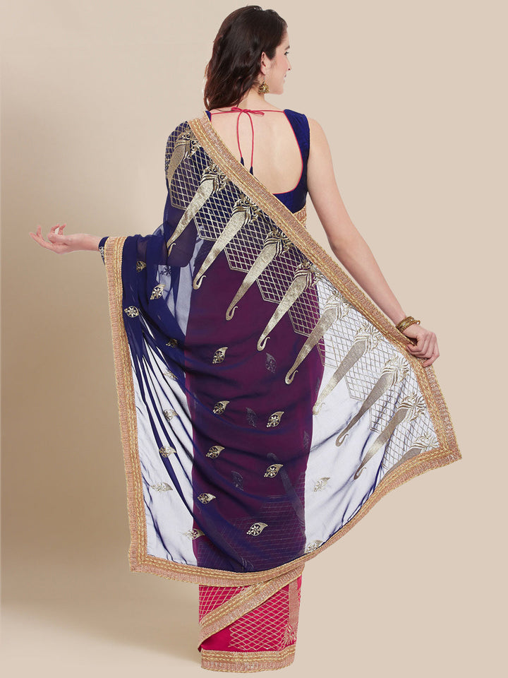 Blue & Pink Embroidered Georgette Saree